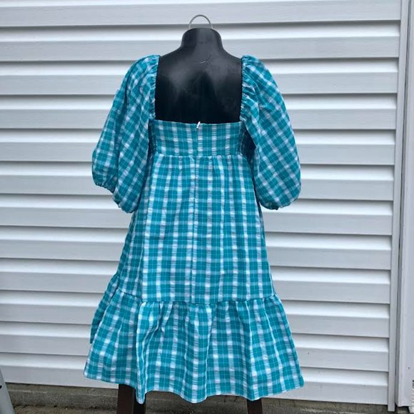 Amanda Uprichard  Lucietta Blue Plaid Babydoll Ruffle Puff Sleeve Mini Dress - Picture 2 of 4